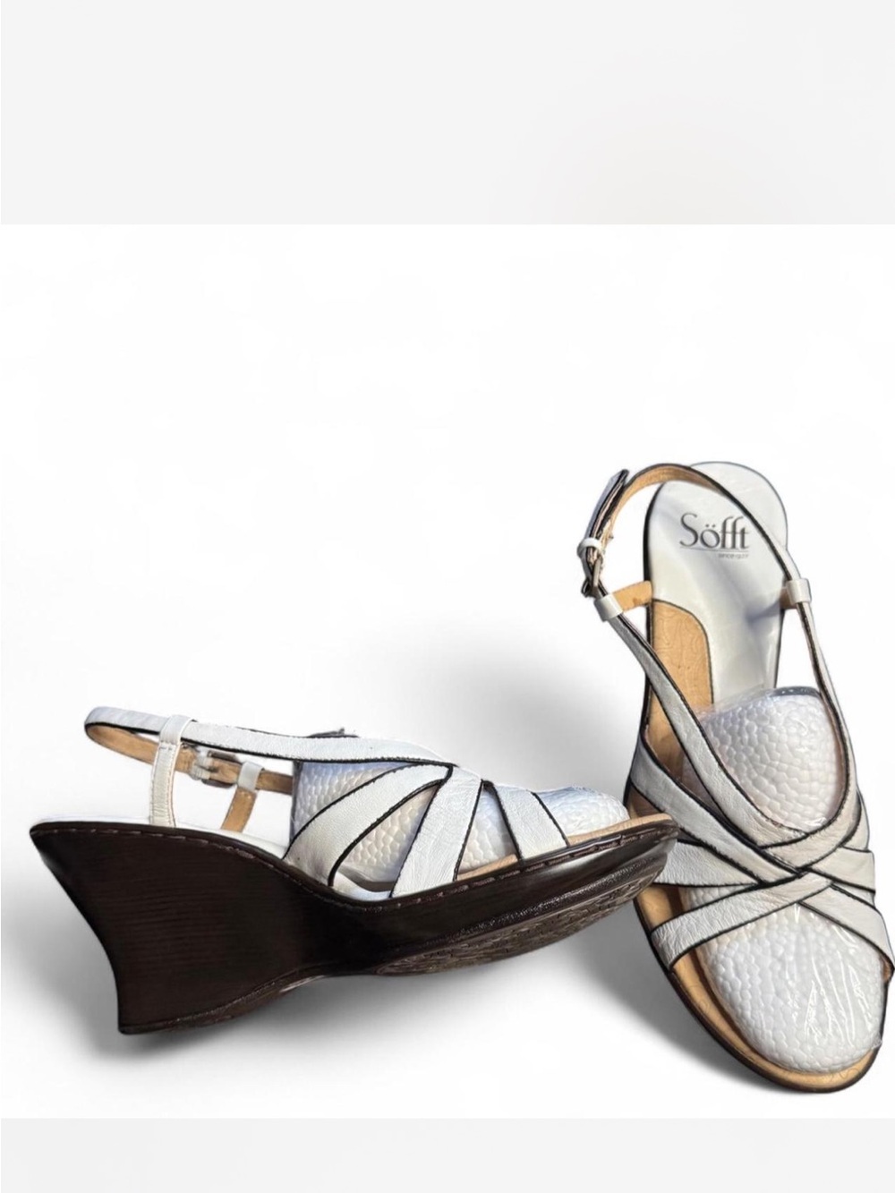 Sofft White Leather Crisscross Wedge Sandals
